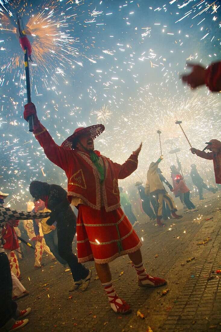 Correfoc or fire runs in Alaro  Majorca  Typical Catalan festival where people dessed like devils light fireworks while dancing in the streets  Balearic Islands  Spain  Correfoc en Alaro  Mallorca  Festival tipico catalan donde gente disfrazada de demonio