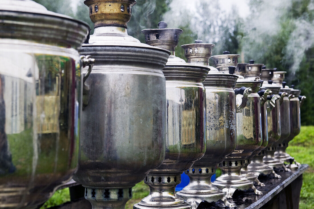 Samovars in Mandrogi village on the bank of Svir River, Russia