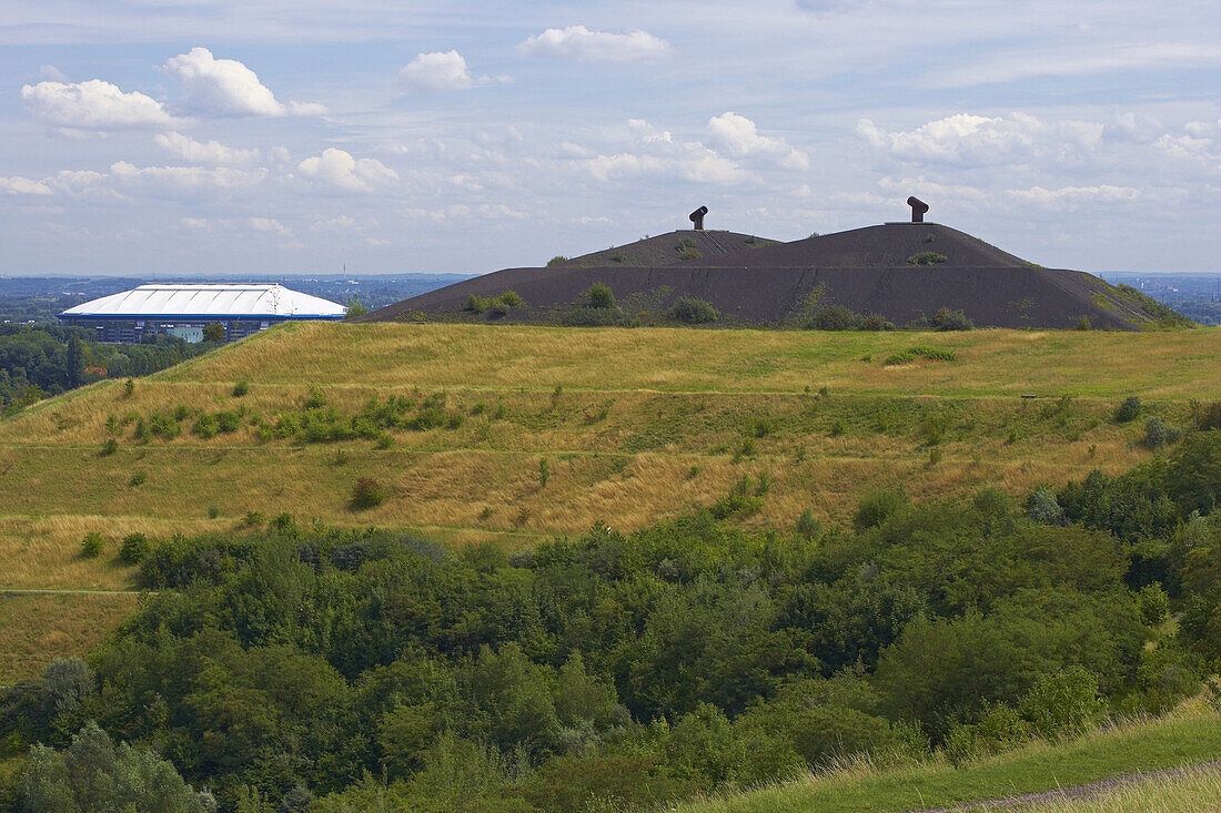 Halde Rungenberg in Gelsenkirchen-Buer und Veltins Arena, Ruhrgebiet, Nordrhein-Westfalen, Deutschland, Europa