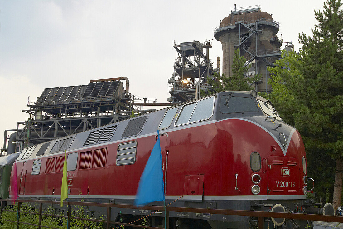 Historical train at North Duisburg Landscape Park, Former Meiderich Ironworks, Closed down in 1985, Industrial Heritage Trail, Ruhrgebiet, North Rhine-Westphalia, Germany, Europe