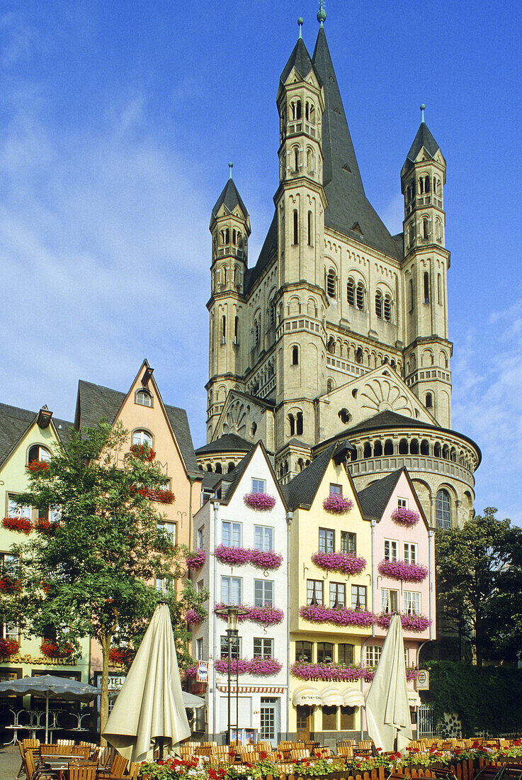 Gabled houses near the fish market and Great St. Martin church, Cologne, Rhine river, North Rhine-Westphalia, Germany