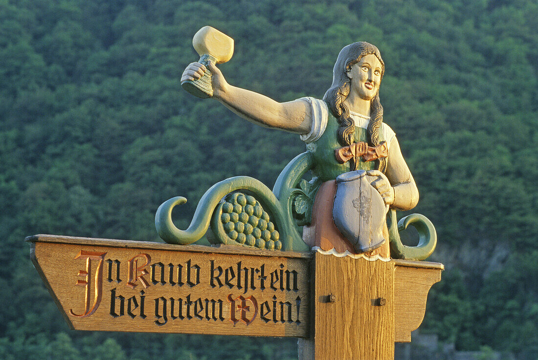 Weinwerbung, bei Kaub, Rhein, Rheinland-Pfalz, Deutschland