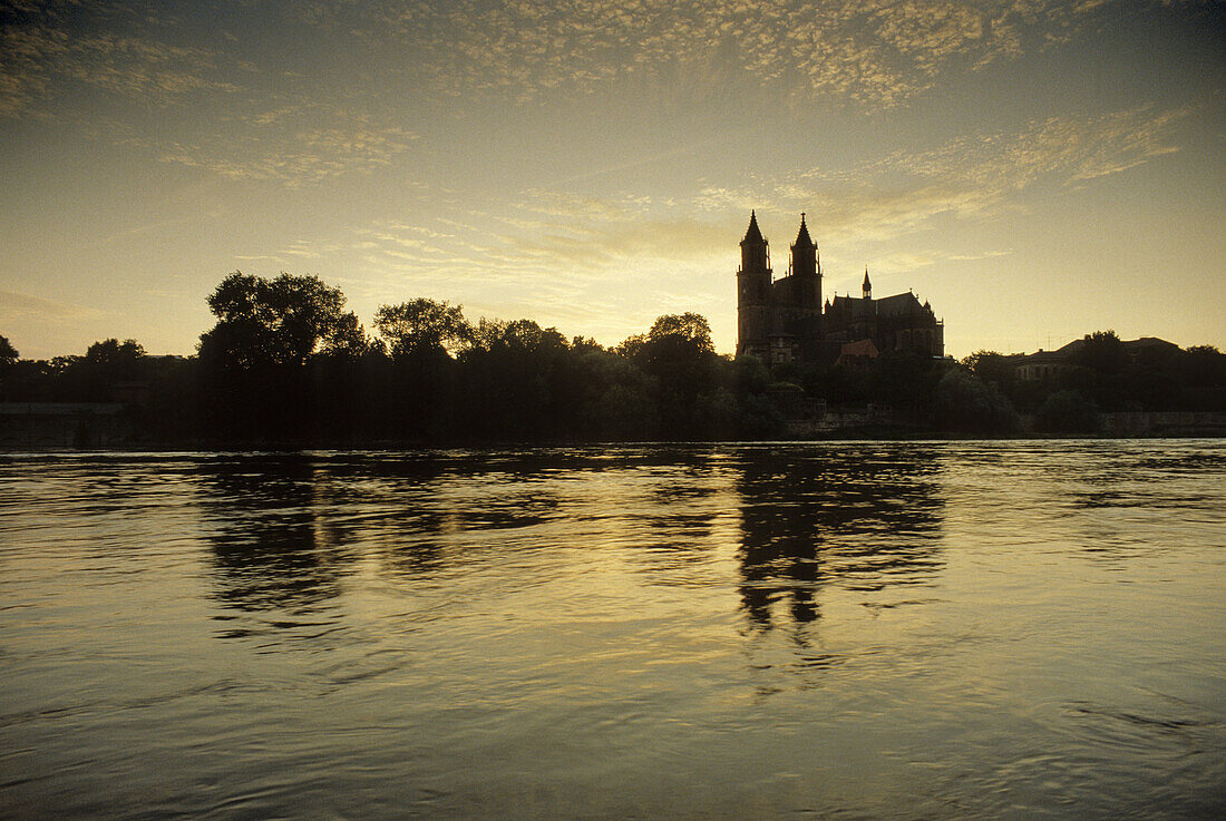 Magdeburg Cathedral, panoramic view from the river Elbe, Magdeburg, Saxony-Anhalt, Germany