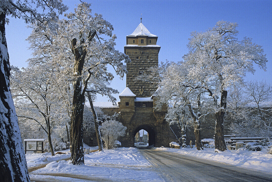 Galgentor, city gate and Winter landscape, Rothenburg ob der Tauber, Franconia, Bavaria, Germany