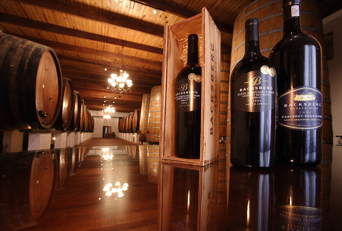 Wine cellar with wine barrels and wine bottles, Backsberg estate, Paarl, South Africa, Africa