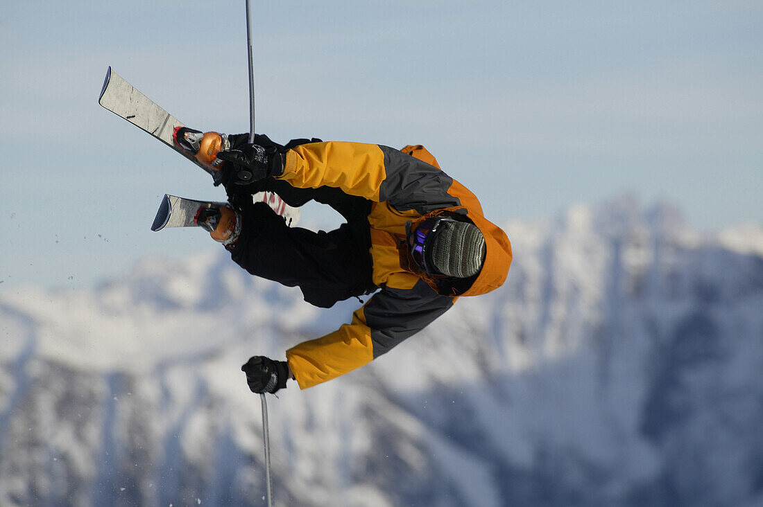 Freestyle skier in mid-air, Zugspitze, Garmisch-Partenkirchen, Bavaria, Germany