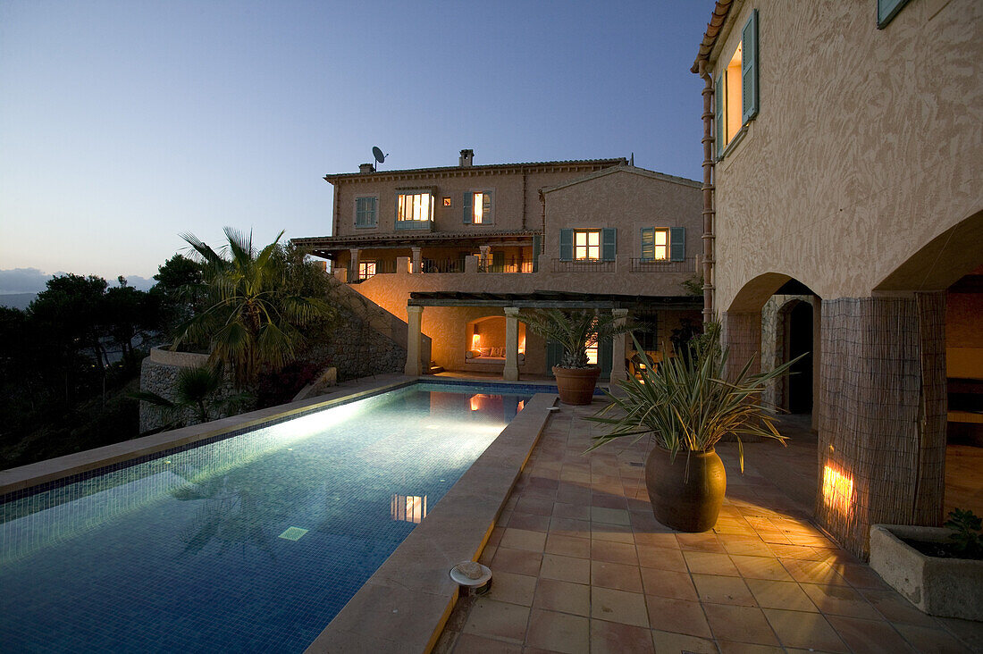 Luxury villa with pool in the evening light, Cala Llamp, Andratx, Mallorca, Balearic Islands, Spain