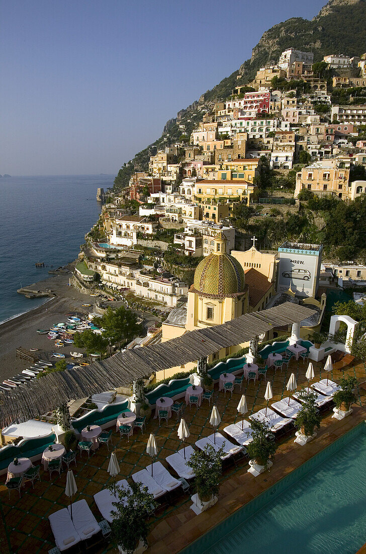 View of Positano with cliffside homes, Amalfi Coast, Italy