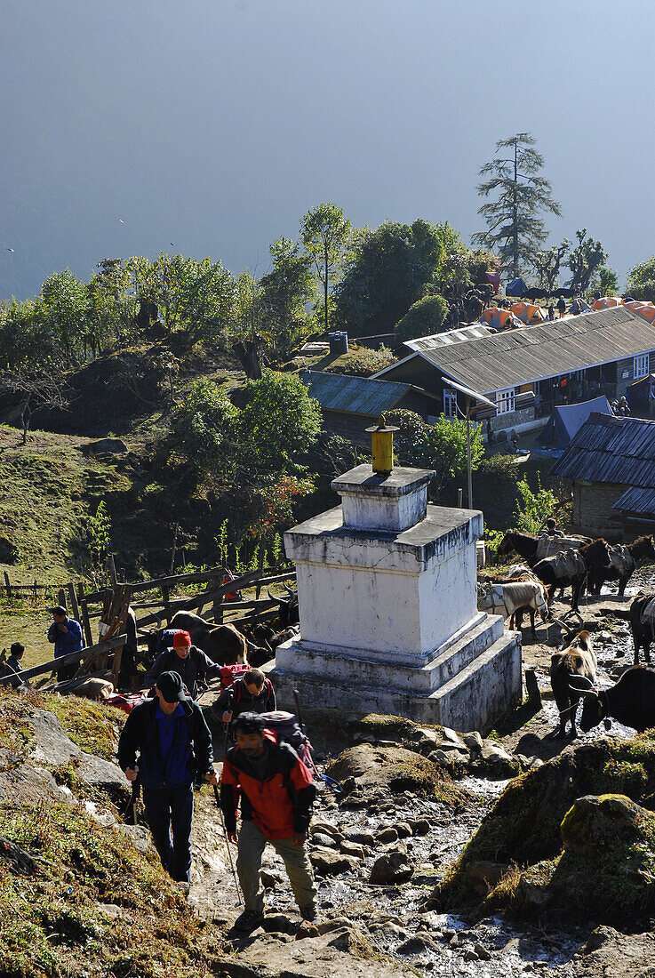 Trekker beim Dorf Tshoka, Trek zum Gocha La in der Kangchendzönga Region, Sikkim, Himalaya, Nord Indien, Asien