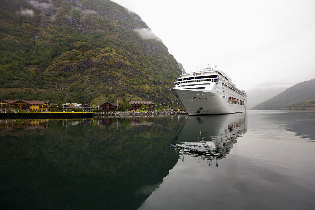 Cruise ship at the harbour of Flam, Aurlandsfjord, Sogn og Fjordane, South of Norway Norway, Scandinavia, Europe
