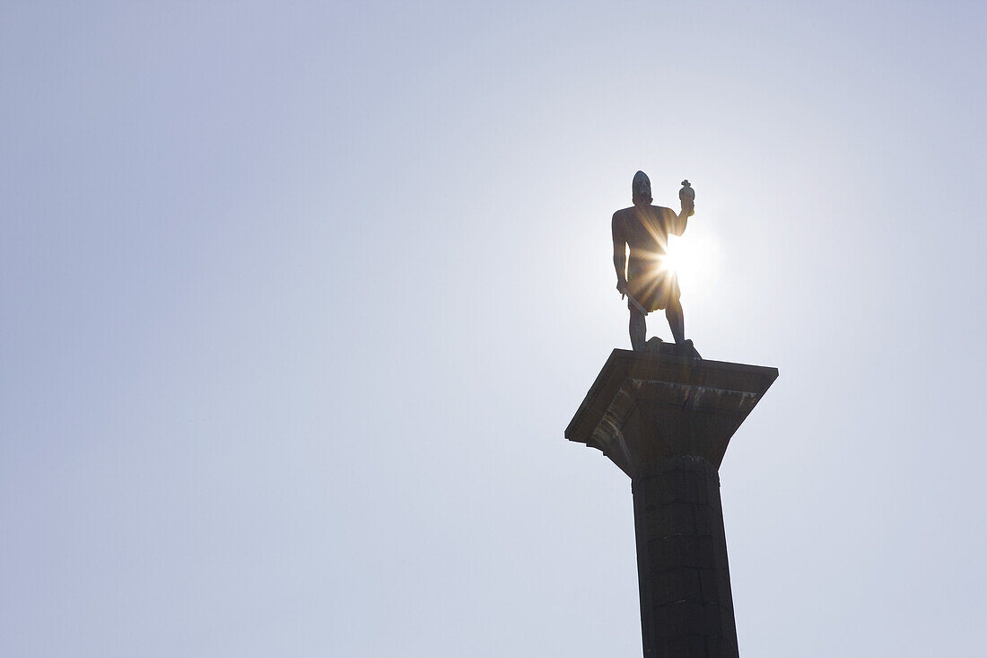 Backlit statue of Olav Tryggvason in Trondheim, Trondelag,  Norway, Scandinavia, Europe