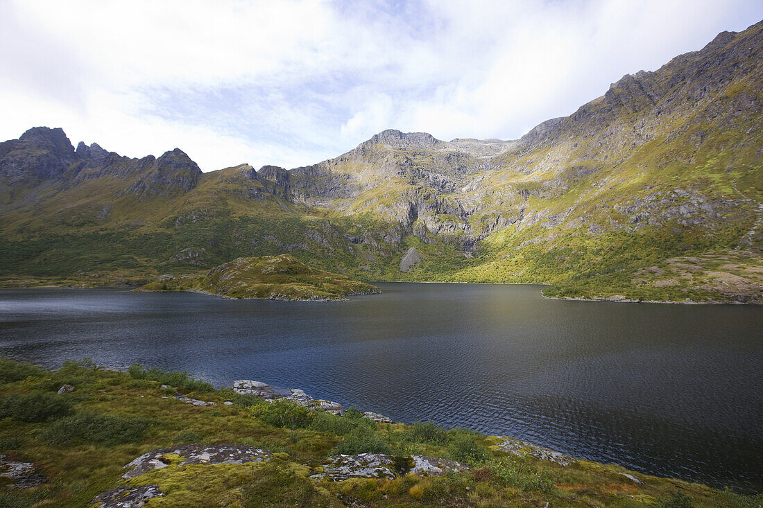 View at lake Agvatnet surrounded by mountains, Lofoten, Norway, Scandinavia, Europe