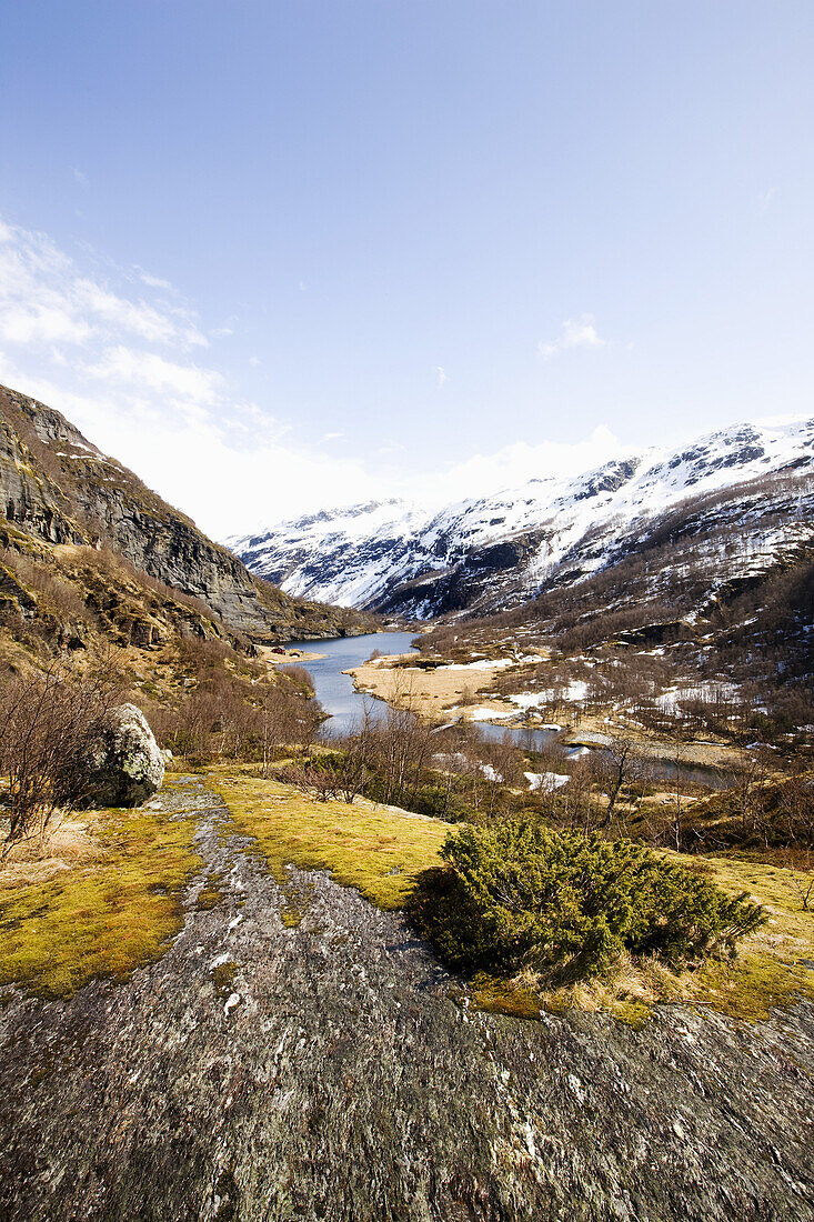 Mountain scenery and river in the Aurlandsdalen, Aurland, Sogn og Fjordane, Norway, Scandinavia, Europe