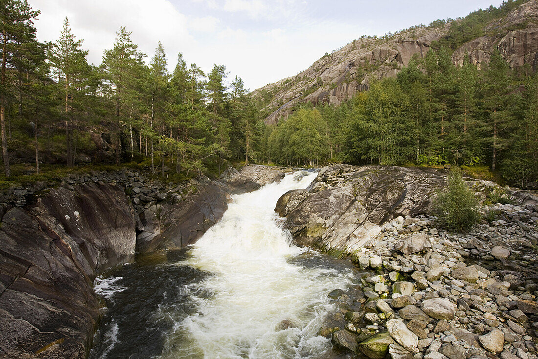 Waterfall and river in the Sordalen, Rullestadjuvet, Hordaland, Norway, Scandinavia, Europe