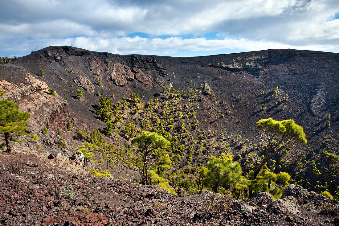 Crater under clouded sky, Volcano San Antonio, Fuencaliente, La Palma, Canary Islands, Spain, Europe