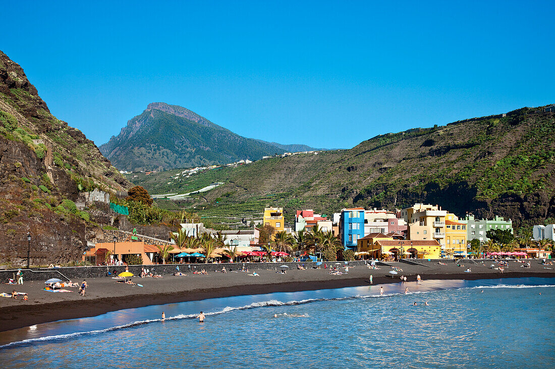 Coastal town Puerto Tazacorte under blue sky, Caldera de Taburiente, La Palma, Canary Islands, Spain, Europe
