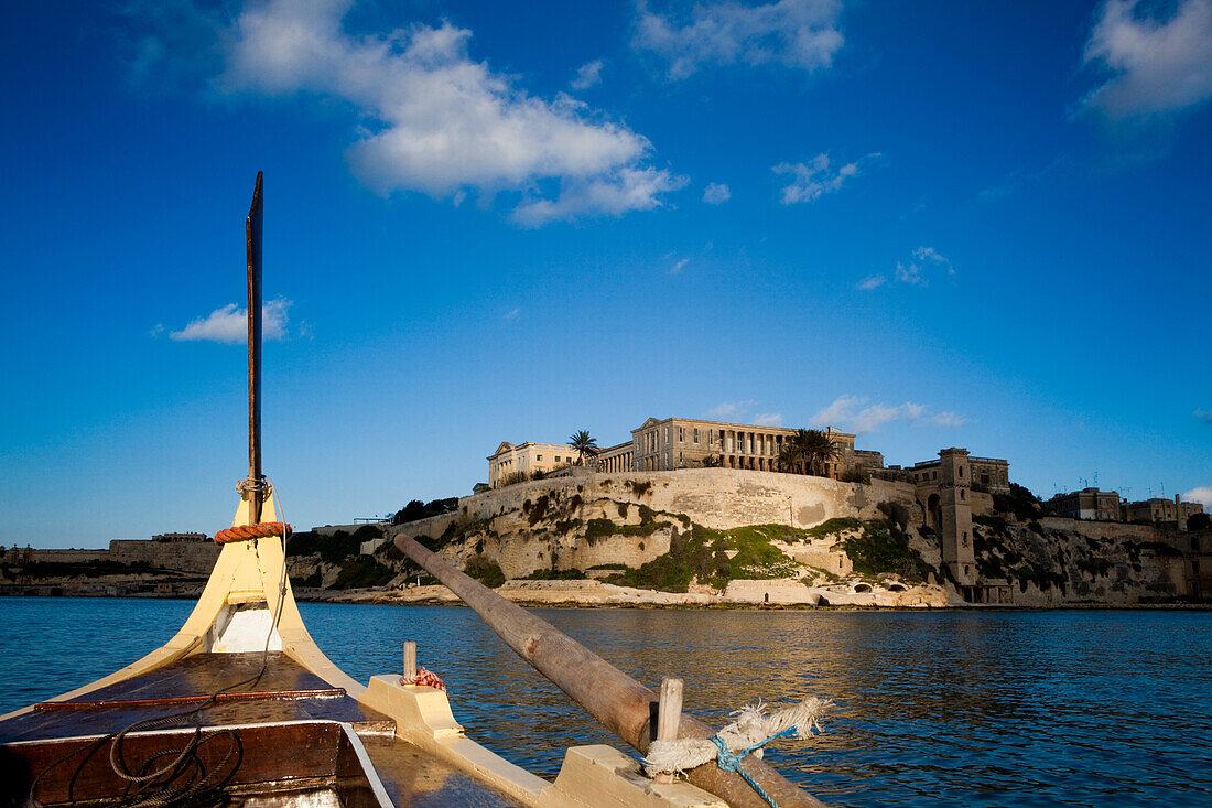 View from a boat at the Grand Harbour and view to the Bighi Centre, Kalkara district, Three Cities, Malta, Europe