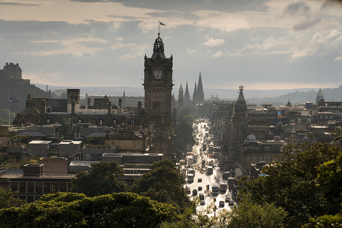 View from Calton Hill towards Princes Street, the clock tower is part of the Balmoral Hotel, Edinburgh, Scotland, Europe