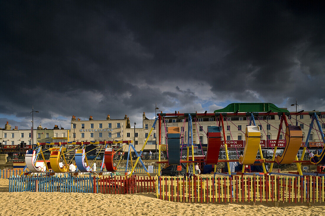 Swings on the beach at Margate, Kent, England, Great Britain, Europe