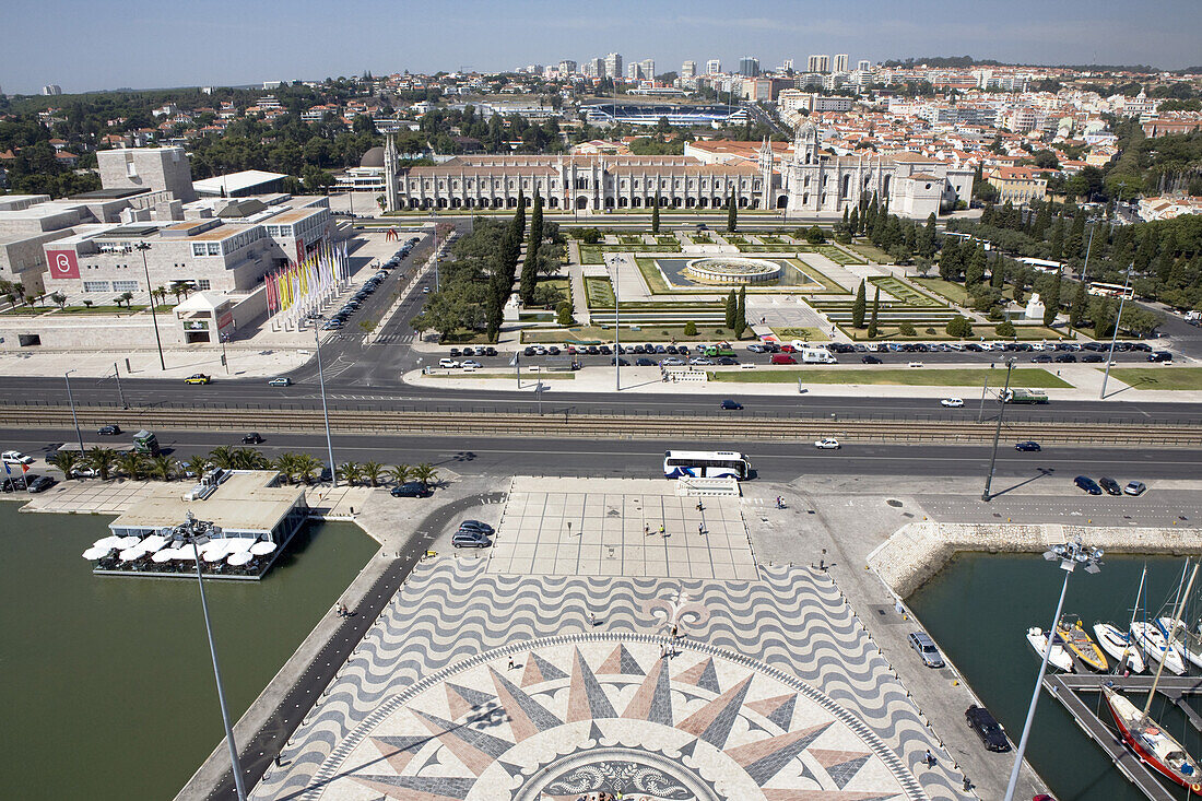 Praça do Império with Mosteiro dos Jerónimos, Jeronimo Monastary in the Belém parish of Lisbon, Portugal