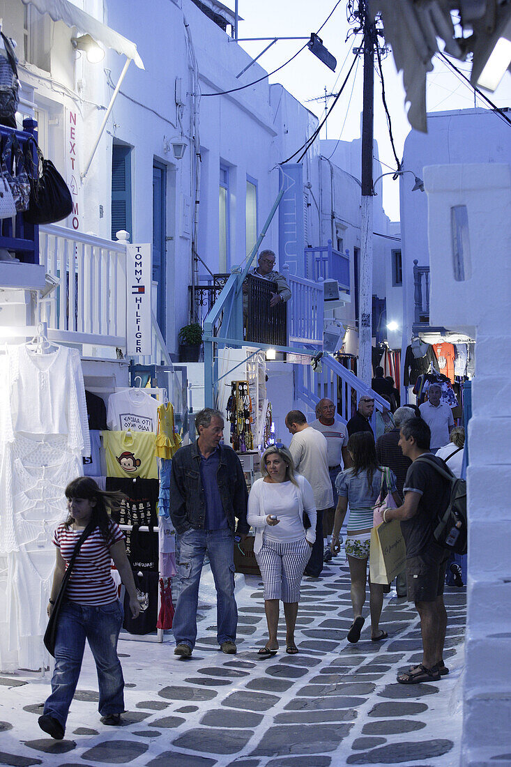 People strolling through the alleys in the evening, Mykonos Town, Greece, Europe