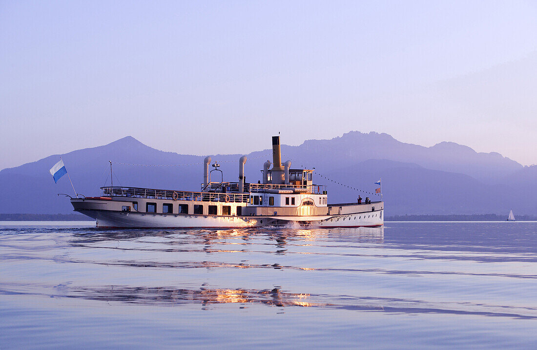 Paddle-steamer Ludwig Fessler built in 1926 on Lake Chiemsee in the evening sun, Chiemgau, Bavaria, Germany, Europe