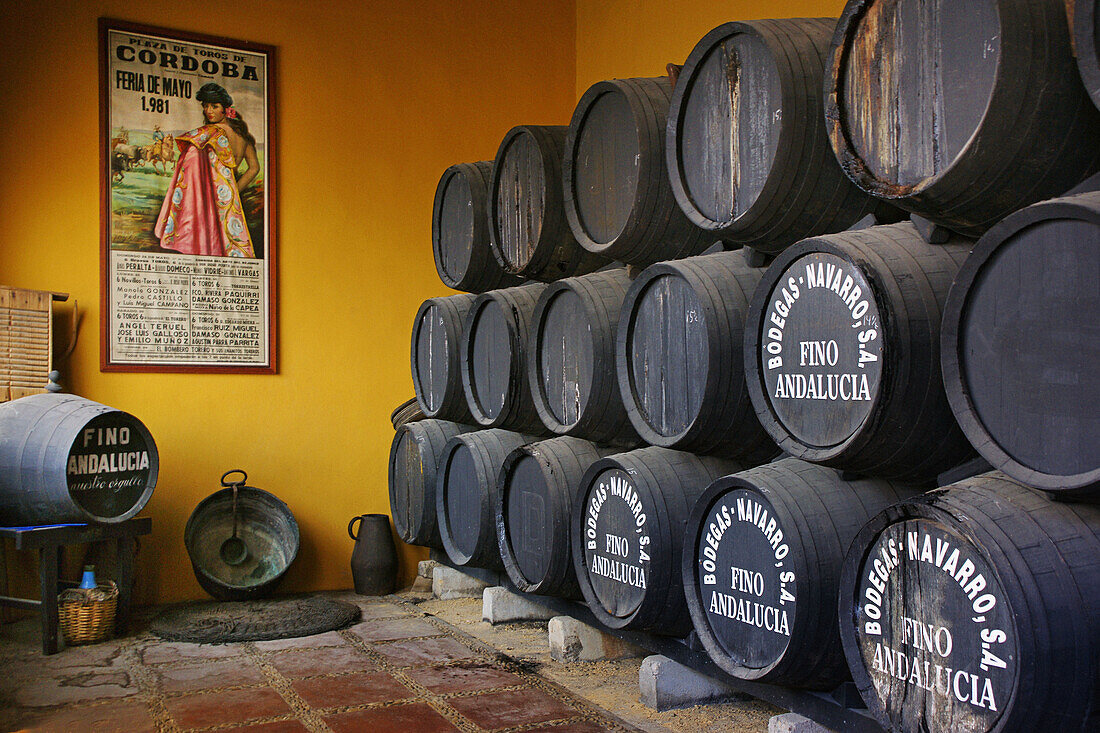 Wine aging in the cellars of Navarro winery, Montilla-Moriles wine district, Montilla. Cordoba province, Andalusia, Spain