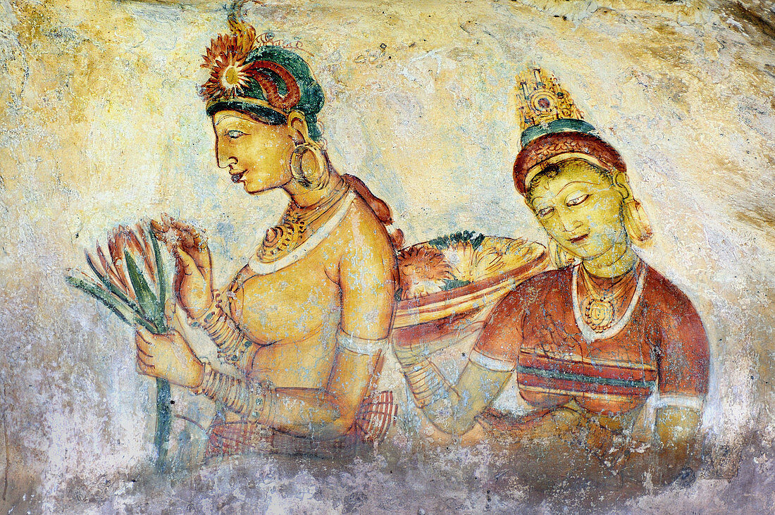 The young ladies of Sirigiya, frescoes in the Lions Rock, Sirigiya, Sri Lanka