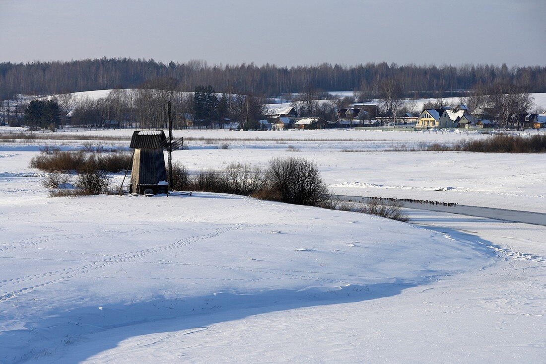 Russia,Pskov Region,Pushkinskie Gory,Mikhailovskoye,Domain of Alexander Pushkin family ,Windmill,Sorot River,winter landscape