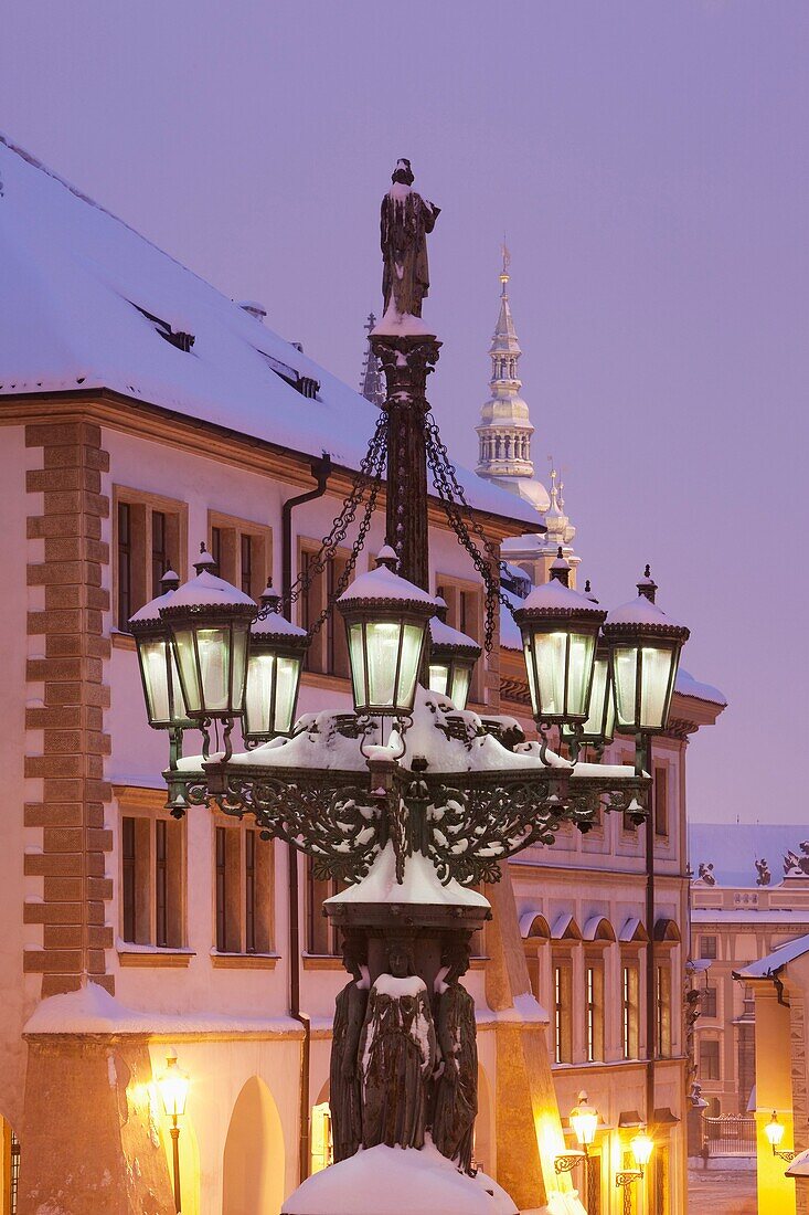 prague - gas lantern and st  vitus cathedral at hradcany castle