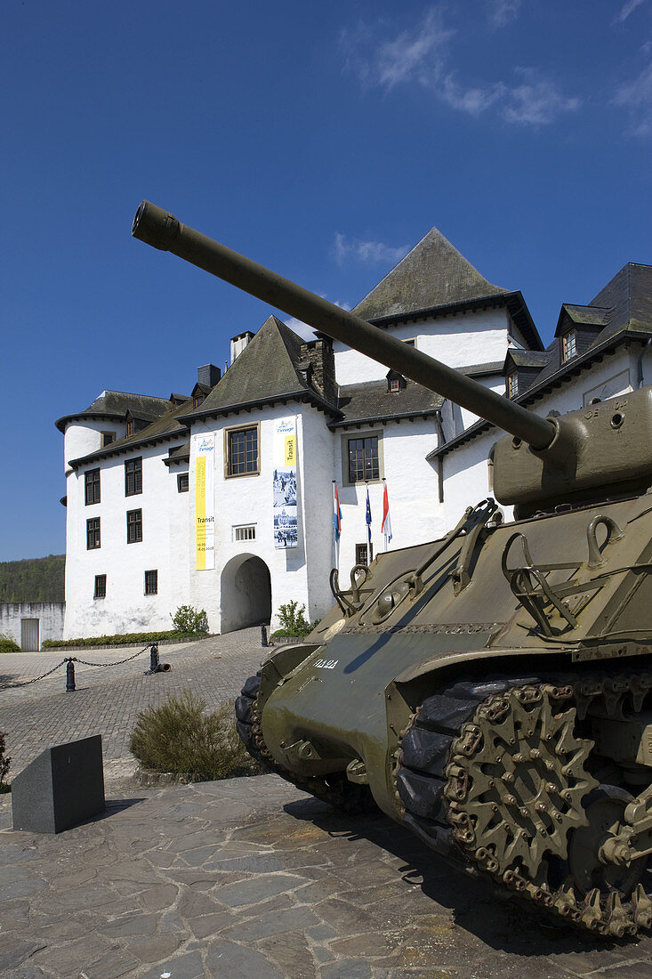 Luxembourg, Clervaux, Clervaux Castle  c. 12th c), the permanent home of ´The Family of Man´ photo exhibition with WW2 era Sherman tank