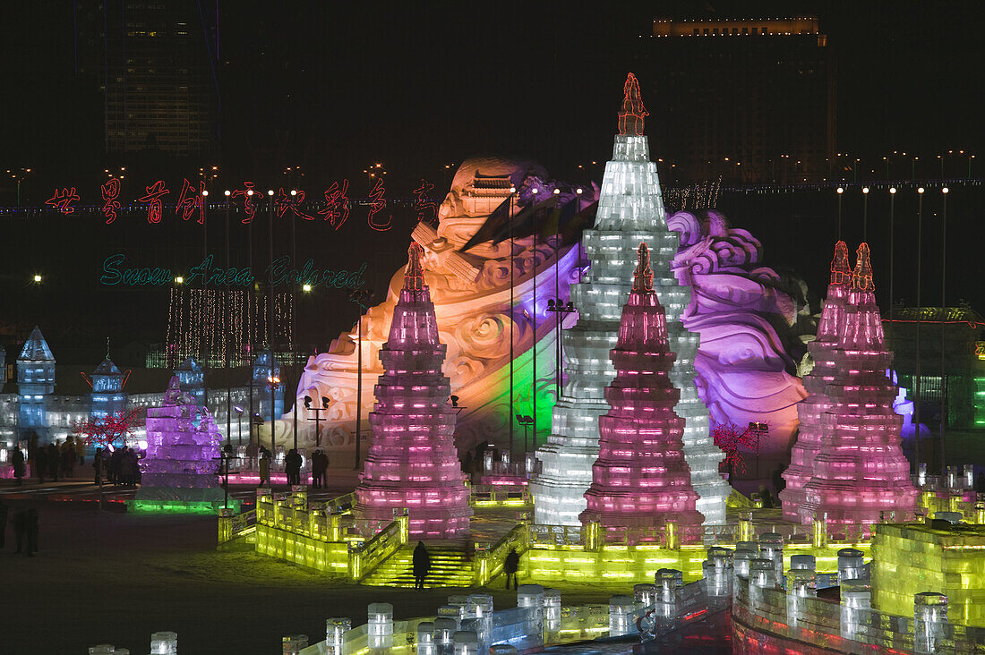 China. Heilongjiang. HAERBIN  Harbin): Haerbin Ice and Snow World Festival. All Buildings built of ice. Overview of Ice Buildings