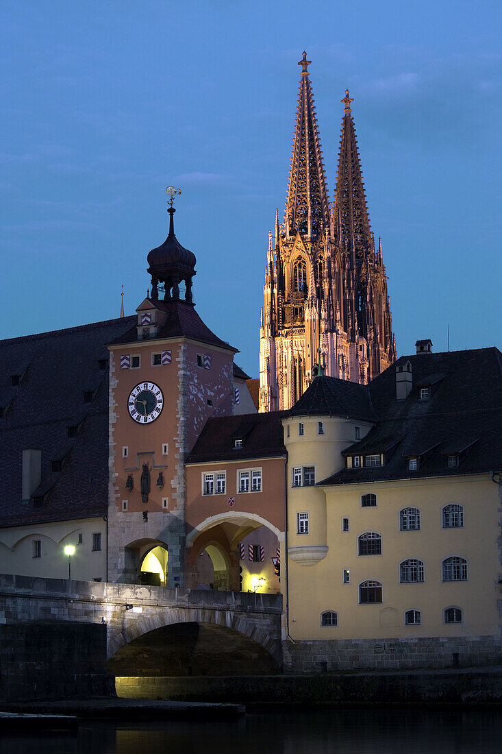 Town from the Danube River and Steinerne Bridge, Regensburg, Bavaria, Germany