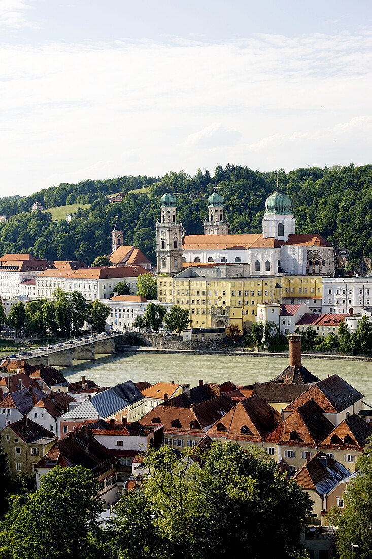 Inn River view with Dom St. Stephan, Passau, Bavaria, Germany