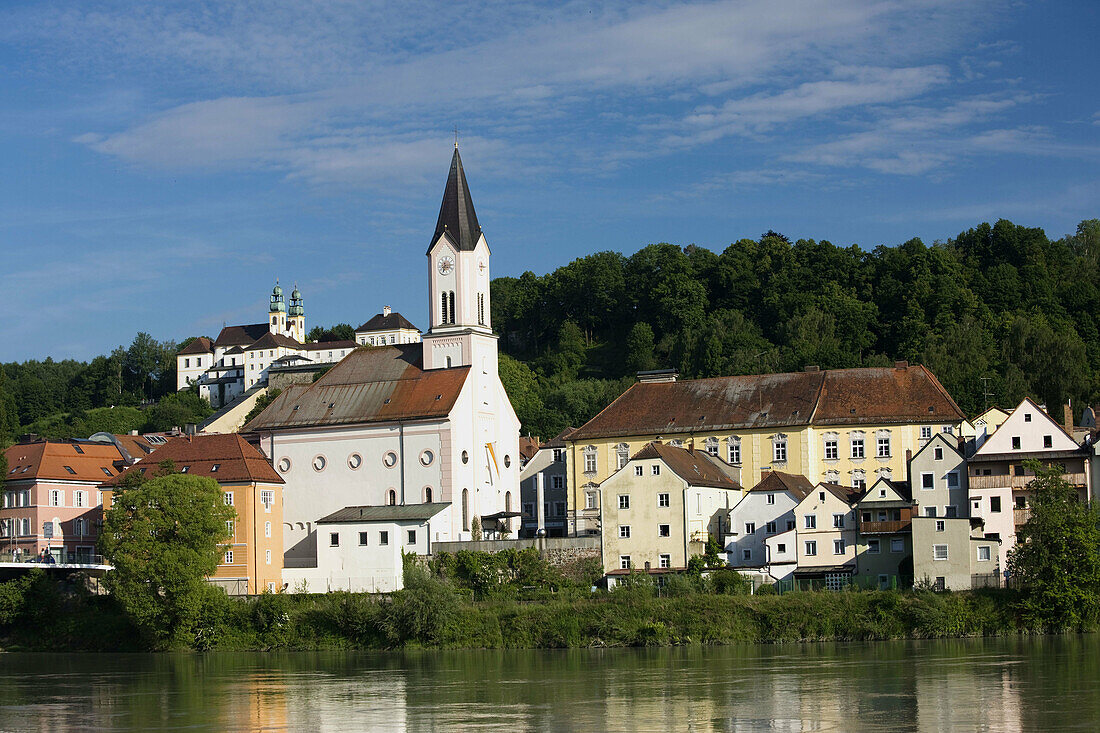 Inn River and St. Gertraud church, Passau, Bavaria, Germany