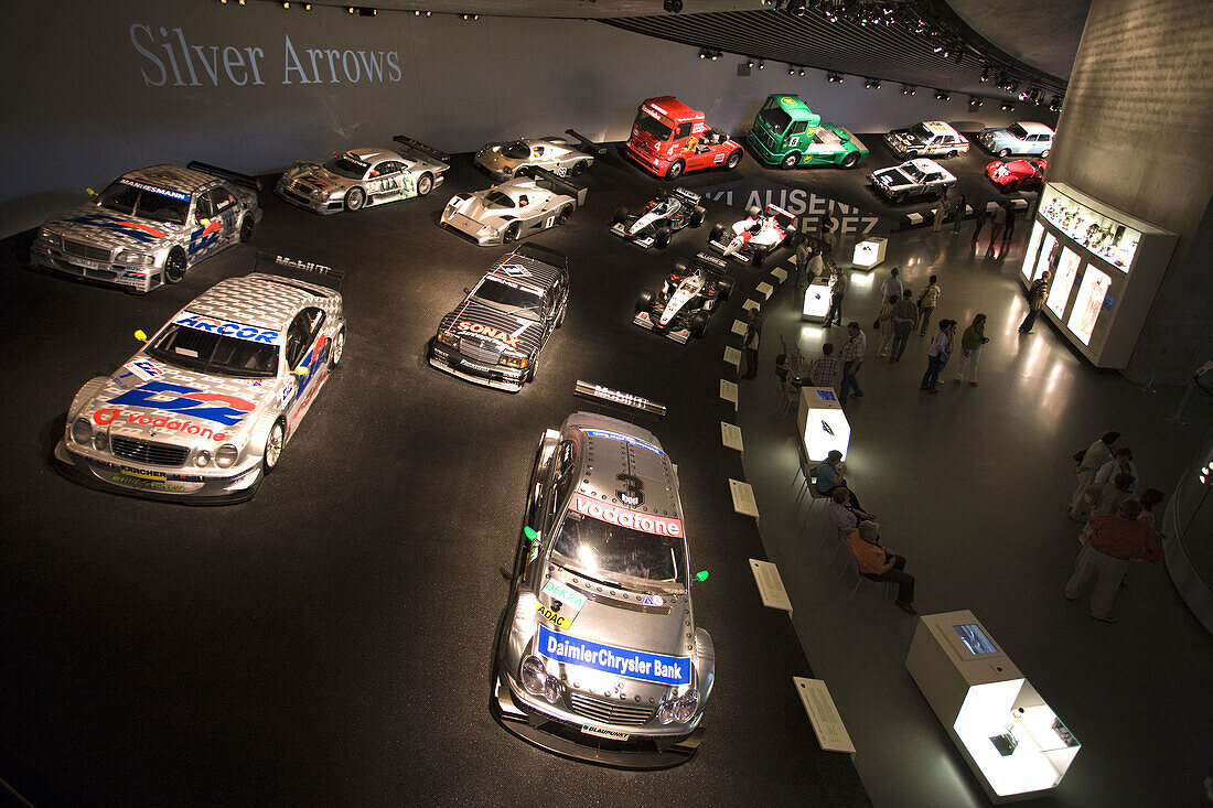 Silver Arrow Mercedes racing cars, Mercedes Benz Museum, Stuttgart, Baden-Wurttemberg, Germany