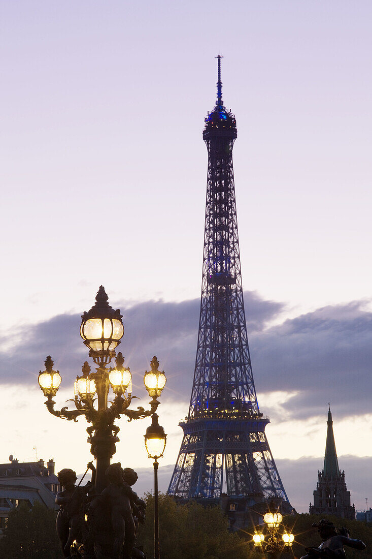 Eiffel Tower with lamps on the Pont Alexandre III bridge at dusk, Paris, France