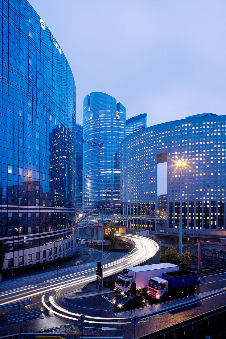 La Defense, view towards the La Pacific building at dawn, Paris, France