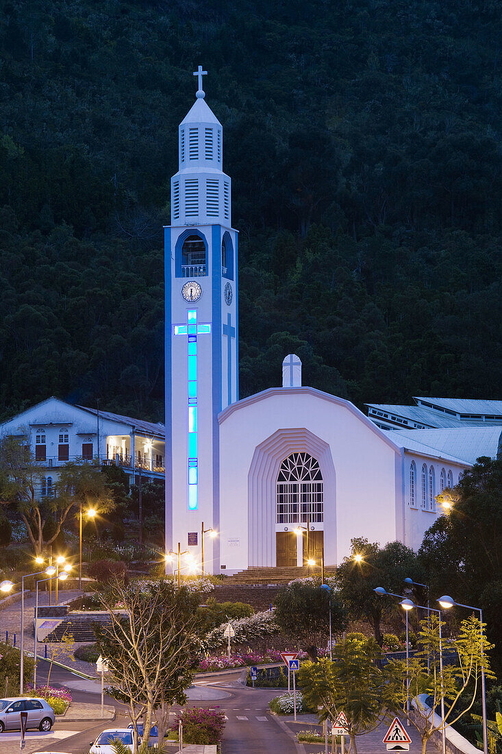 Town church in the evening, Cilaos, Cirque de Cilaos, Reunion island, France