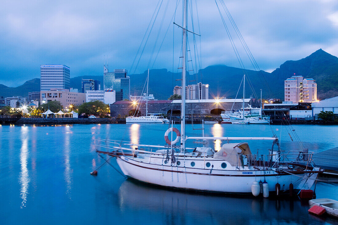 Port Louis, city view from harbor at dawn, Mauritius