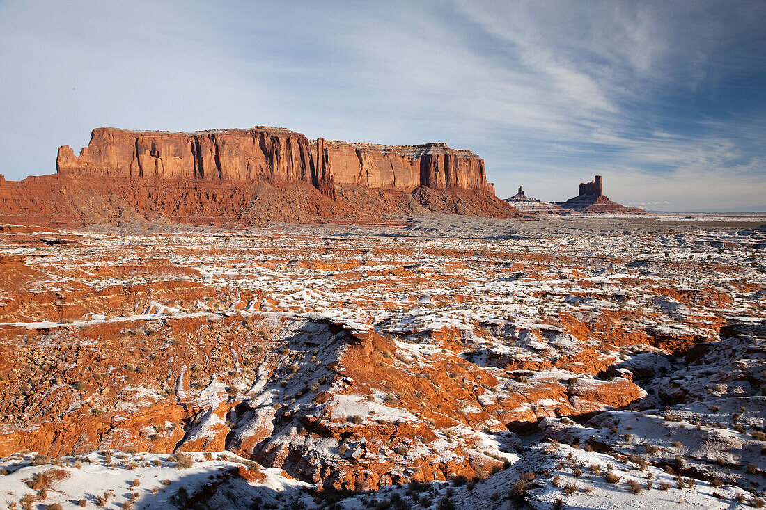 Monument Valley in the snow in the morning, Monument Valley Navajo Tribal Park, Arizona, USA