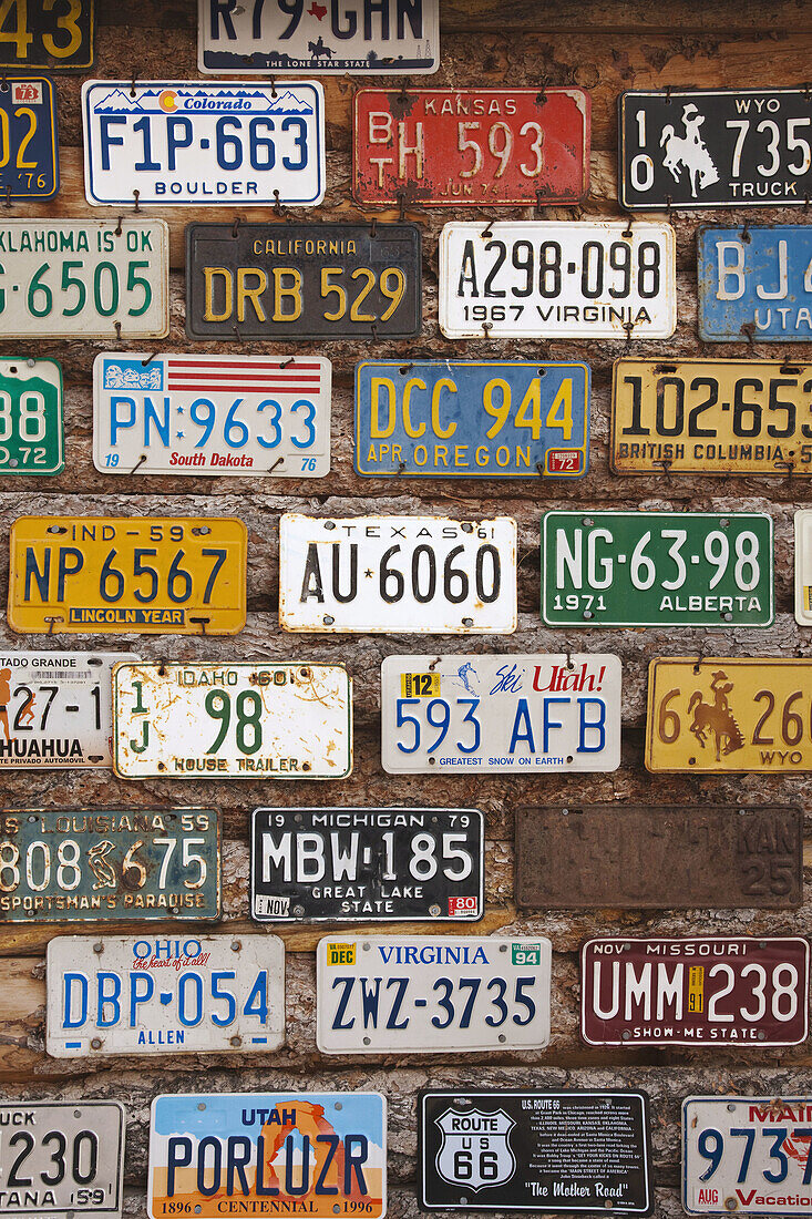 Old license plates, Hole in the Rock tourist shop, Moab, Utah, USA
