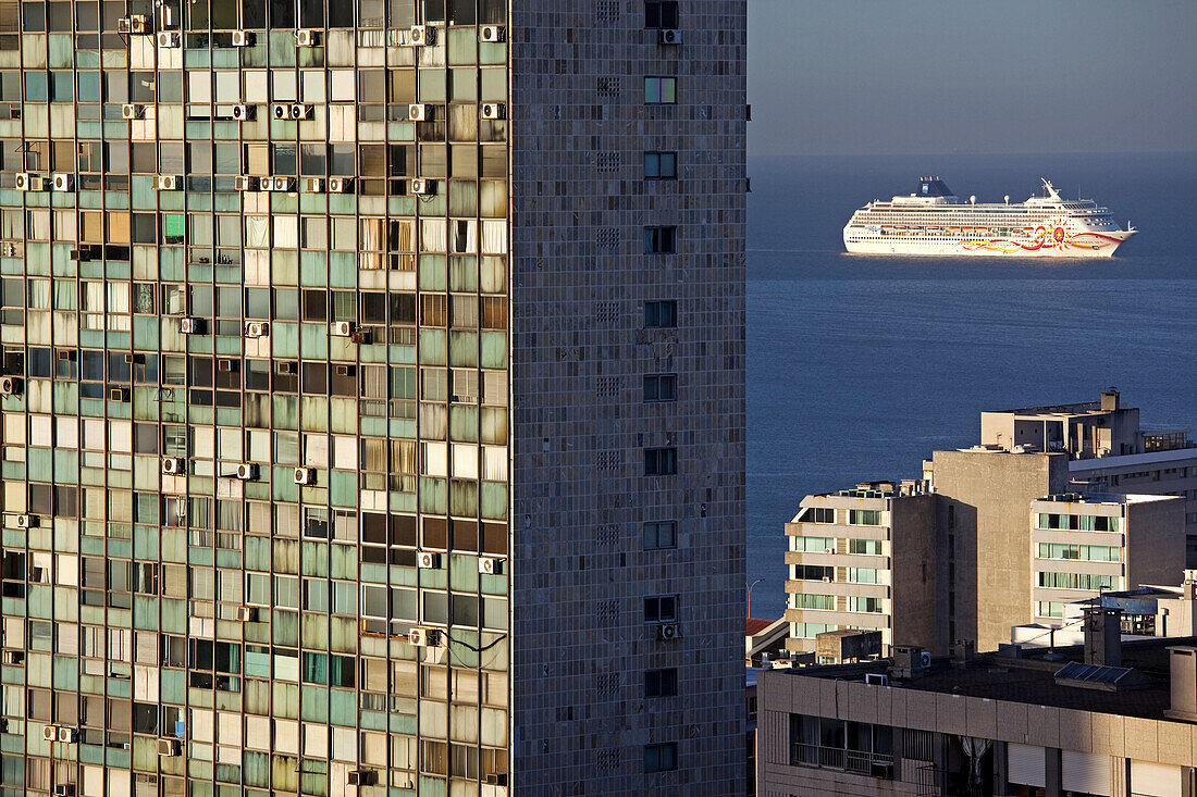 Cruiseship and Edificio de la Ciudadela building, Montevideo, Uruguay