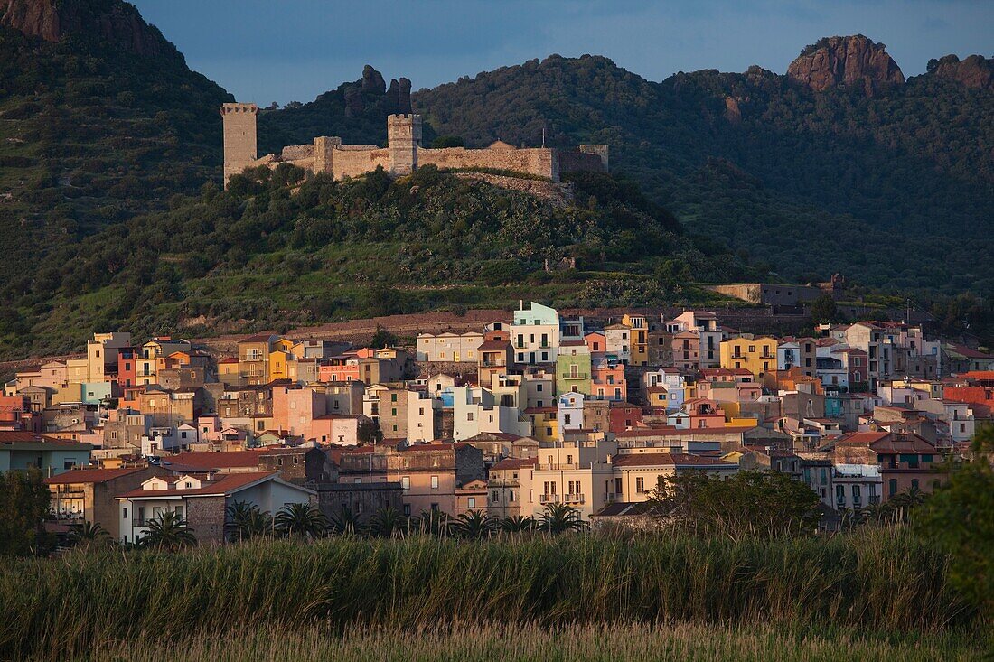 Italy, Sardinia, Western Sardinia, Bosa, town view with Castello Malaspina, sunset