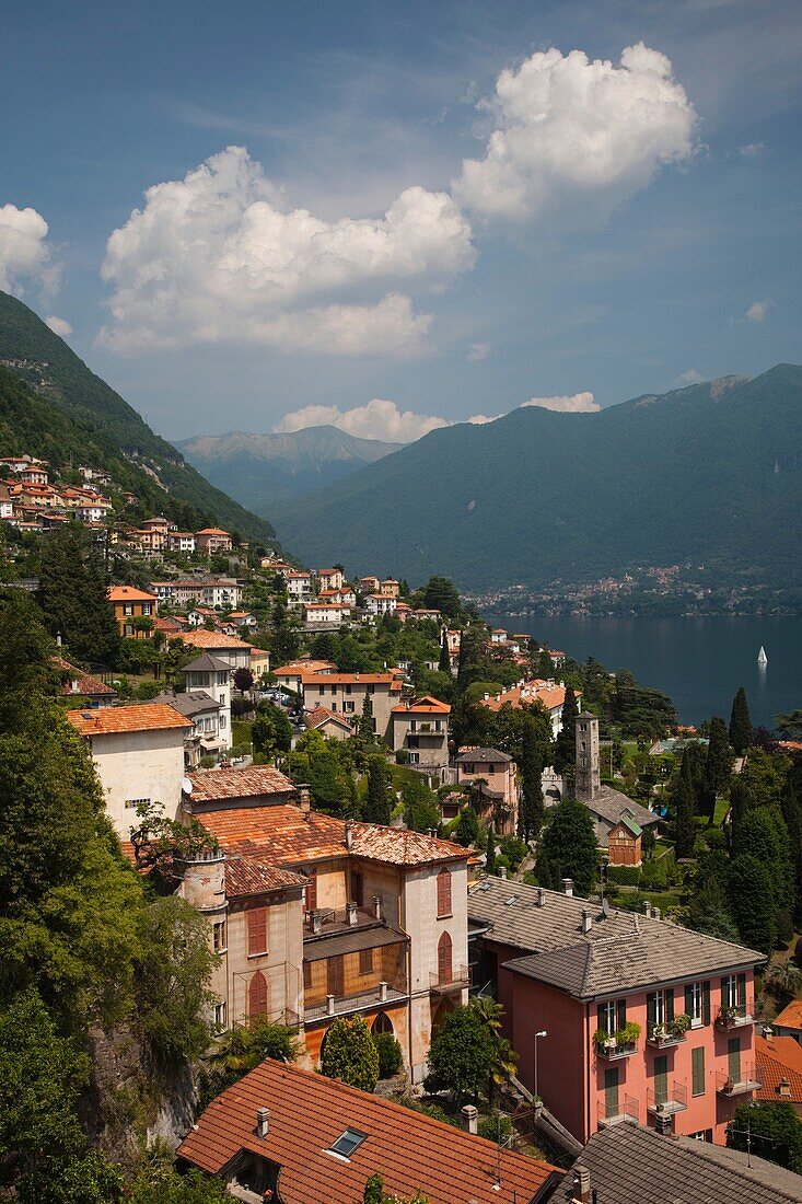 Italy, Lombardy, Lakes Region, Lake Como, Moltrasio, aerial town view