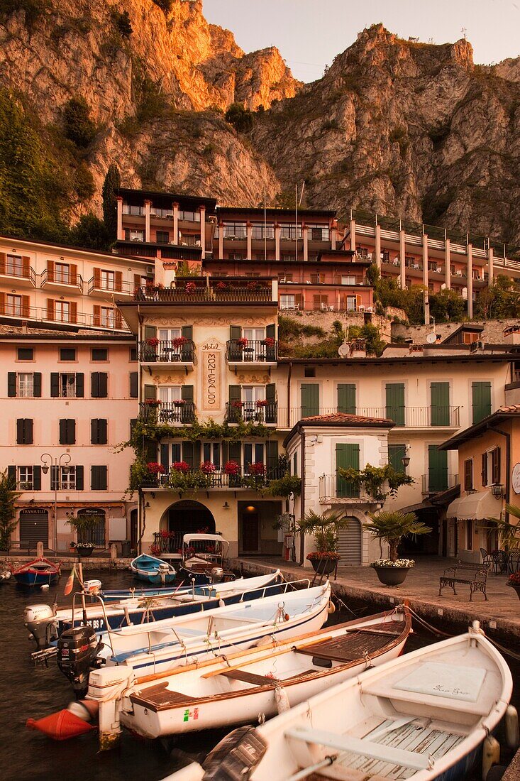 Italy, Lombardy, Lake District, Lake Garda, Limone sul Garda, Porto Vecchio, old port, dawn