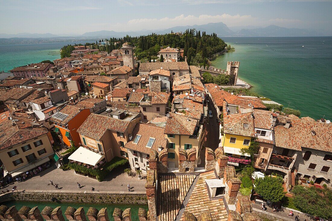 Italy, Lombardy, Lake District, Lake Garda, Sirmione, town view from Castello Scaligero, b 1250