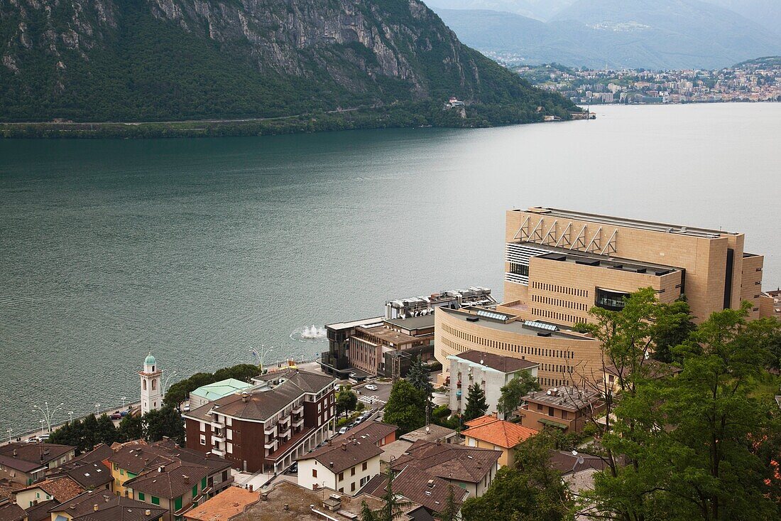 Italy, Lombardy, Lake Lugano, Campione D´Italia, Casino di Campione, Mario Botta, architect, high angle view