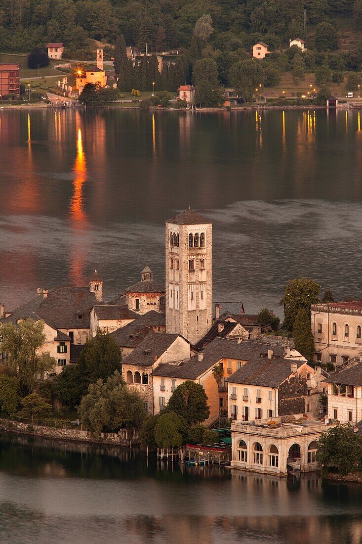 Italy, Piedmont, Lake Orta, Orta San Giulio, Isola San Giulio island, high angle view, dawn