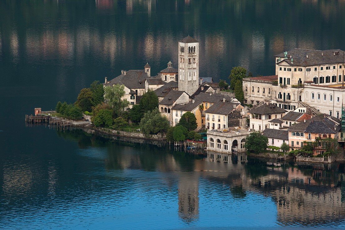 Italy, Piedmont, Lake Orta, Orta San Giulio, Isola San Giulio island, high angle view, dawn